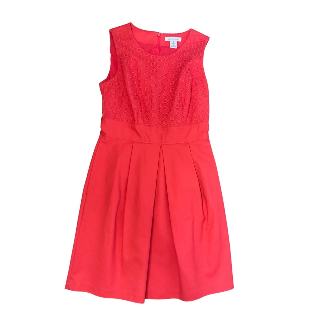 Liz Claiborne Coral Pink Eyelet Lace Fit & Flare Dress Sleeveless Pockets Size 6